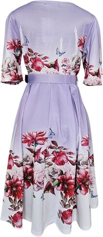 Women's Floral Print A-Line Dress, Round Neck, Short Sleeve, Knee Length, with Belt, Summer Casual in Saudi Arabia