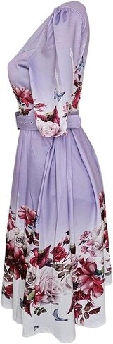 Women's Floral Print A-Line Dress, Round Neck, Short Sleeve, Knee Length, with Belt, Summer Casual in Saudi Arabia