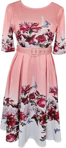 Women's Floral Print A-Line Dress, Round Neck, Short Sleeve, Knee Length, with Belt, Summer Casual in Kuwait