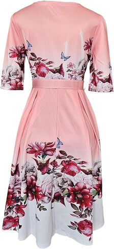 Women's Floral Print A-Line Dress, Round Neck, Short Sleeve, Knee Length, with Belt, Summer Casual in Kuwait