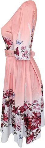 Women's Floral Print A-Line Dress, Round Neck, Short Sleeve, Knee Length, with Belt, Summer Casual in Kuwait