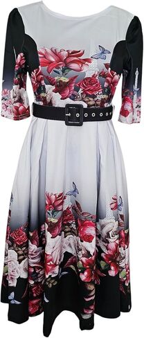 Women's Floral Print A-Line Dress, Round Neck, Short Sleeve, Knee Length, with Belt, Summer Casual in Saudi Arabia