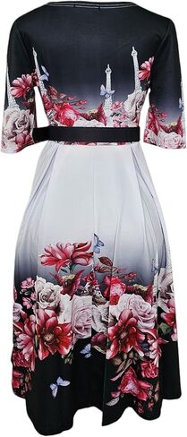 Women's Floral Print A-Line Dress, Round Neck, Short Sleeve, Knee Length, with Belt, Summer Casual in Saudi Arabia