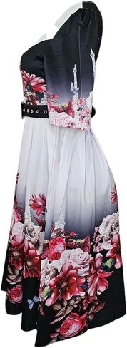 Women's Floral Print A-Line Dress, Round Neck, Short Sleeve, Knee Length, with Belt, Summer Casual in Saudi Arabia