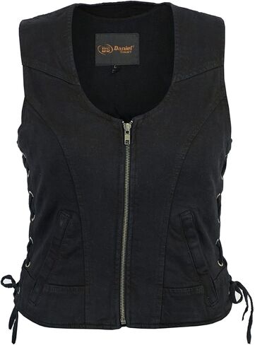 Daniel Smart Women Denim Vest Round Shaped Neck Design Black Jean Motorcycle Vest with Side Laces & Inside Carry Pocket in Saudi Arabia