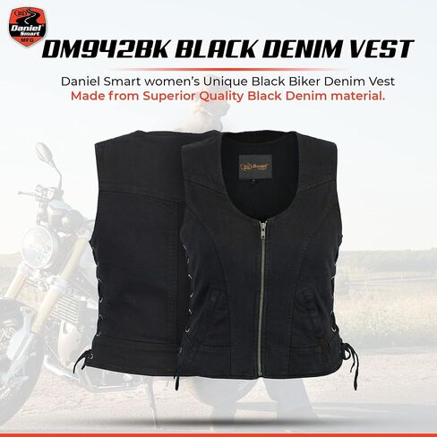 Daniel Smart Women Denim Vest Round Shaped Neck Design Black Jean Motorcycle Vest with Side Laces & Inside Carry Pocket in Saudi Arabia