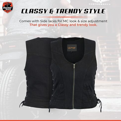 Daniel Smart Women Denim Vest Round Shaped Neck Design Black Jean Motorcycle Vest with Side Laces & Inside Carry Pocket in Saudi Arabia