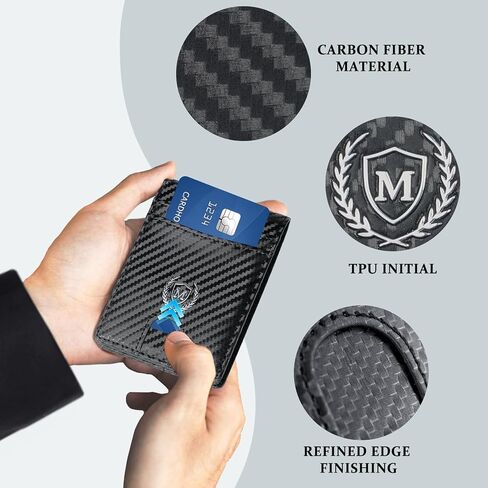 Personalized Gifts Slim Minimalist RFID Leather Wallet for Men,Custom Initial Carbon Fiber Travel Credit Card Holder Wallets Anniversary Christmas Birthday Gift for Men Dad Husband Boyfriend, M in Kuwait