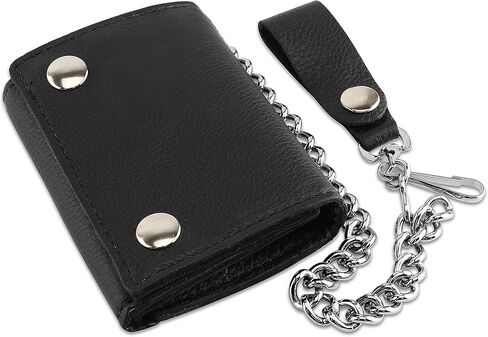 RFID Blocking Men's Tri-fold Vintage Biker Cowhide Leather Steel Chain Wallet,Snap closure, Made In USA,tc315-solid black in Kuwait