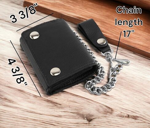 RFID Blocking Men's Tri-fold Vintage Biker Cowhide Leather Steel Chain Wallet,Snap closure, Made In USA,tc315-solid black in Kuwait