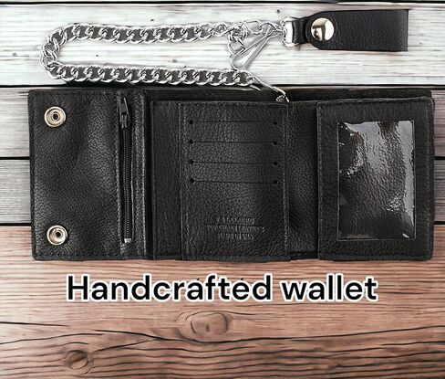 RFID Blocking Men's Tri-fold Vintage Biker Cowhide Leather Steel Chain Wallet,Snap closure, Made In USA,tc315-solid black in Kuwait