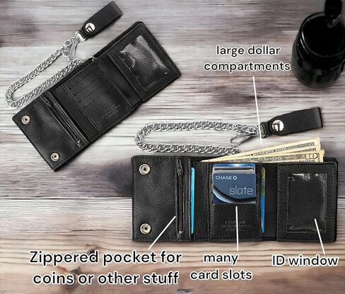 RFID Blocking Men's Tri-fold Vintage Biker Cowhide Leather Steel Chain Wallet,Snap closure, Made In USA,tc315-solid black in Kuwait