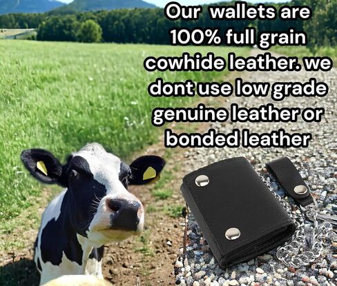 RFID Blocking Men's Tri-fold Vintage Biker Cowhide Leather Steel Chain Wallet,Snap closure, Made In USA,tc315-solid black in Kuwait