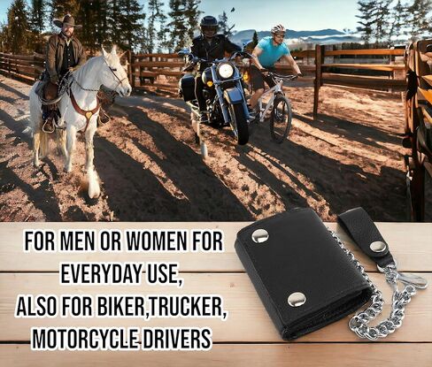 RFID Blocking Men's Tri-fold Vintage Biker Cowhide Leather Steel Chain Wallet,Snap closure, Made In USA,tc315-solid black in Kuwait