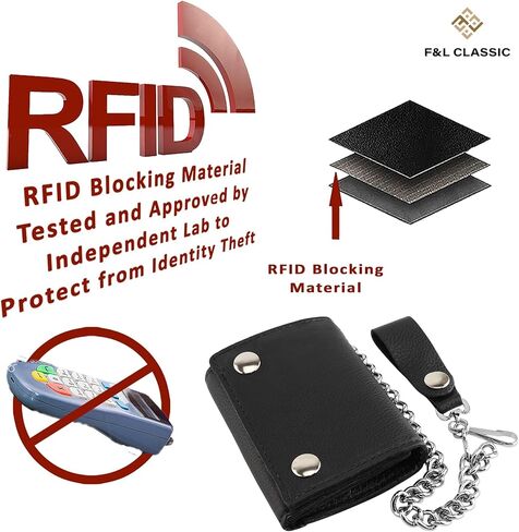 RFID Blocking Men's Tri-fold Vintage Biker Cowhide Leather Steel Chain Wallet,Snap closure, Made In USA,tc315-solid black in Kuwait