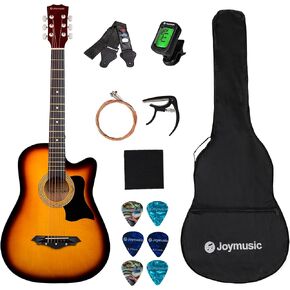 38 inch sunburst beginner acoustic guitar kit,bundle with a strap with picks holder,digital tuner, set strings, capo,cleaning cloth,6 picks,gig bag.(JG-38C,3TS)