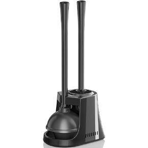 Toilet Plunger and Brush, Bowl Brush and Heavy Duty Toilet Plunger Set with Ventilated Holder, 2-in-1 Toilet Brush and Plunger Combo for Bathroom Cleaning (Black, 1)