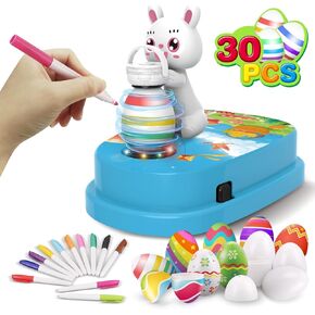 Easter Egg Decorating Kit, Bunny Spinner, Easter Crafts and Decoration Machine with 12 Dying Markers 30 Plastic Fake Eggs and Slings, Kids Easter Basket Stuffers Gifts