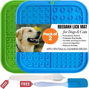 Licking Mats for Dogs and Cats, Slow Feeder Lick Pad with Suction Cups for Dog, Crate Training Pet Toy, Pet Supplies Bathing, Grooming, Training (2 Pc Blue&Green, Free Spatula & cleaning Brush)