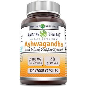 Amazing Formulas Ashwagandha Root with Black Pepper Extract Supplement | 2100 Mg Per Serving | 120 Veggie Capsules Supplement | Non-GMO | Gluten-Free | Made in USA