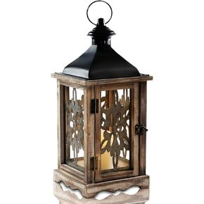 Homemory Rustic Farmhouse Lantern Decor, Wood & Metal 16'' Candle Lantern Hanging Candle Holders for Outdoor Indoor Home Living Room Patio Porch Table (Wood)