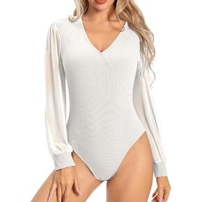 Mesh Long Sleeve Ribbed Bodysuit for Women V Neck Body Suit Women's Slimming Soft Stretch Going Out Casual Tops