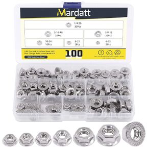 100pcs 6 Sizes SAE 304 Stainless Steel Serrated Hex Flange Nuts Assortment Kit 1/4-20 5/16-18 3/8-16 10-24 8-32 6-32