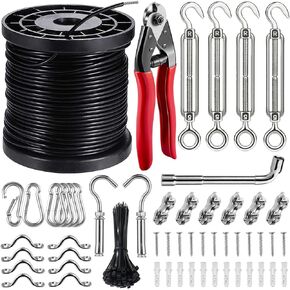 Bernoi 1/16 Wire Rope Kit, 170 Ft Outdoor String Light Suspension Hanging Kit Guide Wire for Patio, Garden-Vinyl Coated 304 Stainless Steel Wire Cable, Turnbuckle, Hooks, Full Accessories