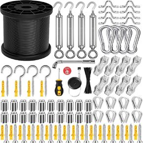 Wire Rope,1/16" Wire Rope,304 Stainless Steel Cable,164FT Aircraft Cable,M5 Turnbuckle Wire Tensioner, String Light Hanging Kit,Globe String Light Suspension Kit
