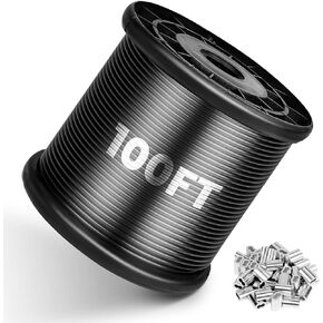 Wire Rope, Black Vinyl Coated Steel Cable, Stainless Steel Wire Cable with 30Pcs Crimping Sleeves, Guide Wire for Outdoor String Lights, 1/16" Overmolded to 3/32", 7x7 Construction(100FT) in Kuwait