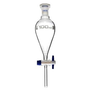 Squibb Separating Funnel, 100ml - 19/26 Plastic Stopper, PTFE Key Stopcock, Ungraduated - Borosilicate Glass - Eisco Labs