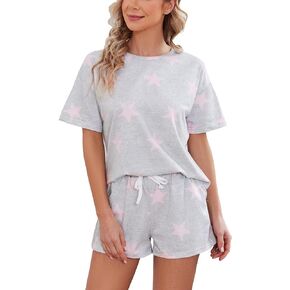 Womens Pajama Sets Short Sleeve Sleepwear Soft Cotton Pj Lounge Outfits Sets with Pockets