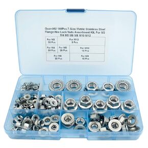 140Pcs M3 M4 M5 M6 M8 M10 M12 Flange Nuts Assortment Kit, 7-Size Metric 304-Stainless Steel Flange Hex Lock Nuts