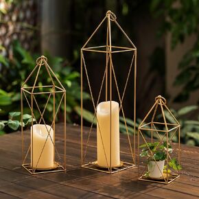 Gold Lanterns Decorative Set of 2-15" & 11" Bulk Rustic Farmhouse Candle Holder for Wedding Table Centerpiece Fireplace Mantle Porch Indoor Outdoor, Metal Wire Lantern Home Decor