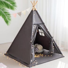 Teepee Tent for Kids with Mat, Star Lights, Carry Case, Cotton Canvas Playhouse, Foldable Tents, Portable Children Play Tent Indoor Outdoor (Pink)