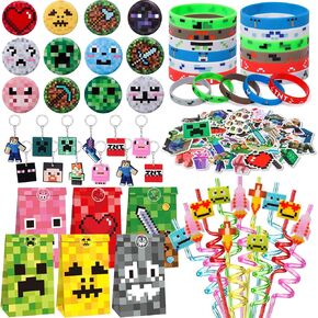 110 Pixel Party Favors Birthday Party Supplies Button Pins Straws Silicone Bracelets Keychains Stickers Goodie Bag Stuffer Toy Prize Pinata Filler Miner Themed Party Favors for Kids Boys Girls in Kuwait