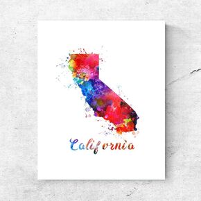 California Map Painting Watercolor Art Paint Shimmer Paper California Decorative Friend Art Gift Unique for Home USA Map Wall Art Picture 8x10 inch No Frame