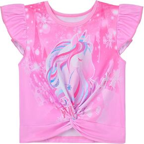 قمصان صيفية للفتيات الصغيرات، قمصان مكشكشة بأكمام قصيرة على شكل وحيد القرن للفتيات من سن 3 إلى 6 سنوات in Kuwait