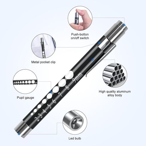 أضواء القلم CAVN للممرضات، 2 حزمة من المصابيح الطبية القابلة لإعادة الاستخدام مع مقياس التلميذ لطلاب التمريض، الضوء الأبيض، أسود/أبيض in Kuwait