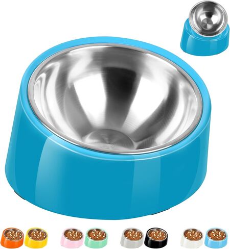 Tilted Angle Dog Bowl, 15° Slanted Stainless Steel Dog Cat Food Bowl,Non-Slip & Non-Spill Pet Feeder with Elevated Detachable Melamine Stand,Easy to Get Food Dog Dish,L/2.5 Cup Grass Blue in Saudi Arabia