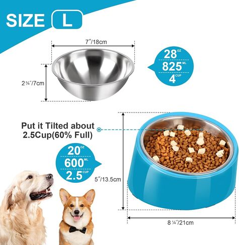 Tilted Angle Dog Bowl, 15° Slanted Stainless Steel Dog Cat Food Bowl,Non-Slip & Non-Spill Pet Feeder with Elevated Detachable Melamine Stand,Easy to Get Food Dog Dish,L/2.5 Cup Grass Blue in Saudi Arabia