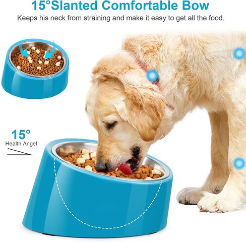 Tilted Angle Dog Bowl, 15° Slanted Stainless Steel Dog Cat Food Bowl,Non-Slip & Non-Spill Pet Feeder with Elevated Detachable Melamine Stand,Easy to Get Food Dog Dish,L/2.5 Cup Grass Blue in Saudi Arabia