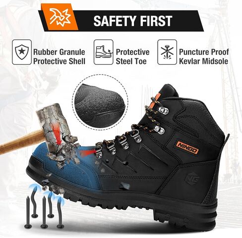 Mens Steel Toe Work Boots, Full Grain Leather, Oil and Slip Resistant, Puncture Proof Construction Boots with Breathable Lining, Anti-static, Mens Safety Boots for Industrial, Warehouse in Saudi Arabia