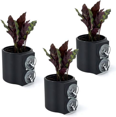 | The original Suction Planter | Hangs on tile, window, drywall, fridge, etc. | Self-watering and draining | Holds 4" nursery pot | 3D printed (Matte Black, 3 Pack) in Saudi Arabia