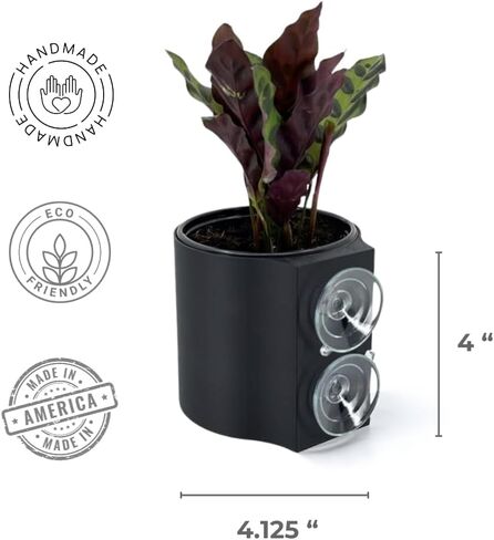 | The original Suction Planter | Hangs on tile, window, drywall, fridge, etc. | Self-watering and draining | Holds 4" nursery pot | 3D printed (Matte Black, 3 Pack) in Saudi Arabia