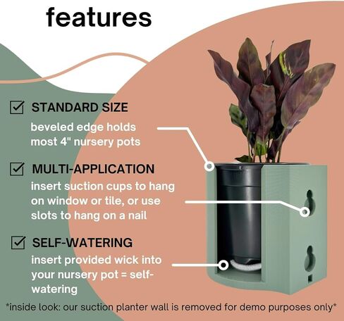 | The original Suction Planter | Hangs on tile, window, drywall, fridge, etc. | Self-watering and draining | Holds 4" nursery pot | 3D printed (Matte Black, 3 Pack) in Saudi Arabia