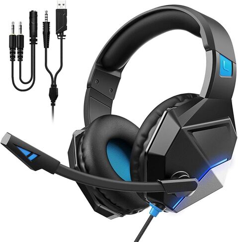سماعة رأس للألعاب، سماعات رأس ستيريو للألعاب مع ميكروفون لإلغاء الضوضاء، مصابيح LED، أغطية أذن ناعمة من إسفنج الذاكرة، سماعة رأس سلكية لألعاب PS5/PS4/الكمبيوتر المحمول/الكمبيوتر الشخصي/Mac/NES in Kuwait