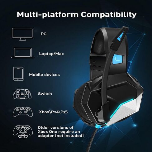 سماعة رأس للألعاب، سماعات رأس ستيريو للألعاب مع ميكروفون لإلغاء الضوضاء، مصابيح LED، أغطية أذن ناعمة من إسفنج الذاكرة، سماعة رأس سلكية لألعاب PS5/PS4/الكمبيوتر المحمول/الكمبيوتر الشخصي/Mac/NES in Kuwait