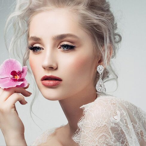 THUNARAZ مشبك فضي على أقراط للنساء من حجر الراين المتلألئ أقراط مشبكية للزفاف ثريا رسمية على شكل دمعة أقراط متدلية للعرائس ووصيفات العروس مجوهرات غير مثقوبة للحفلات الراقصة in Kuwait