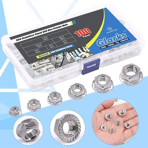 Glarks 100 قطعة 1/4-20 5/16-18 3/8-16 10-24 8-32 6-32 شفة مسننة من الفولاذ المقاوم للصدأ صواميل قفل سداسي مجموعة متنوعة in Saudi Arabia